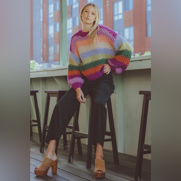 Chunky Knit Rainbow Striped Long Sleeve Knit Sweater by Entro Boutique - Picture 2 of 14
